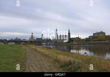 Dresden In The Morning With A View From The Elbe Meadows Across The Elbe From Frauenkirche To Semperoper Stock Photo