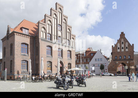 Motorcycles Of Guests In Front Of A Cafe In The Port Of Wismar Mecklenburg-Vorpommern Stock Photo