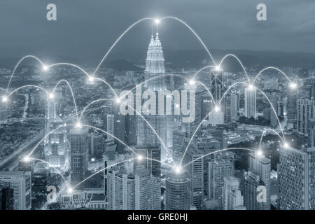 Network business connection concept - Network business connection system on cityscape background Stock Photo