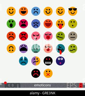 Set of fully geometric emoticons (smile, smiley, emoji). Emotional expression by colors. Vector icons on isolated background. Stock Vector