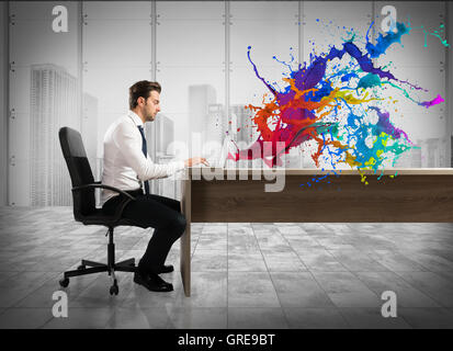 Concept of creative business with businessman working with laptop Stock Photo