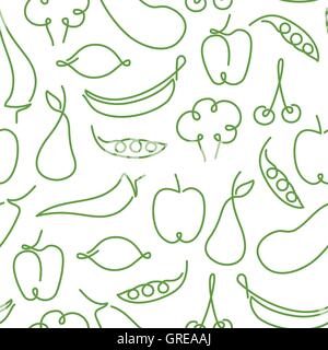Seamless pattern made of one line fruits and vegetables illustration Stock Vector