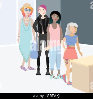 Four girls with original hairstyles of unique colors standing in waiting line Stock Vector