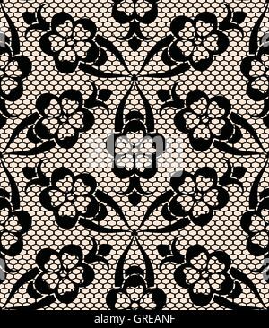Seamless black lace pattern on beige background Stock Vector