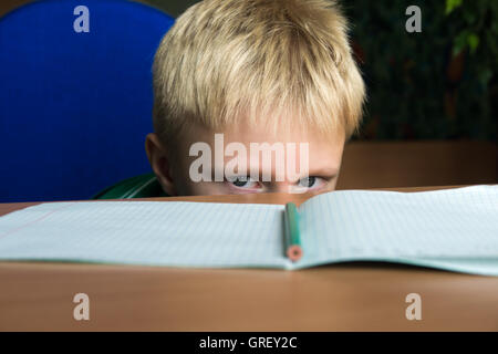 Tired boring boy don't want to do his difficult school homework Stock Photo