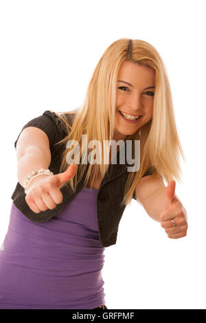 Teenage girl showing thumb up on white background Stock Photo - Alamy