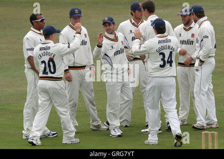 Ryan ten Doeschate of Essex takes a fine ctahc to dismiss Sri Lankan batsman Dinesh Chandimal off of the bowling of Reece Topley and celebrates with his team mates - Essex vs Sri Lanka - Tourist Match Cricket at the Ford County Ground, Chelmsford - 12/06/11 Stock Photo