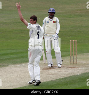 Reece Topley of Essex appeals for the wicket of Sri Lankan batsman Tharanga Paranavitana - Essex vs Sri Lanka - Tourist Match Cricket at the Ford County Ground, Chelmsford - 12/06/11 Stock Photo