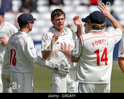 James Harris of Glamorgan claims the wicket of Jaik Mickleburgh and celebrates with his team mates - Essex CCC vs Glamorgan CCC - LV County Championship Division Two Cricket at the Ford County Ground, Chelmsford - 27/04/11 Stock Photo