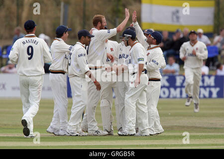 Andy Carter of Essex (4th L) celebrates the wicket of Ian Westwood with his team mates - Essex CCC vs Warwickshire CCC - LV County Championship Division One at Garon Park, Southend-on-Sea, Essex -  05/08/10 Stock Photo