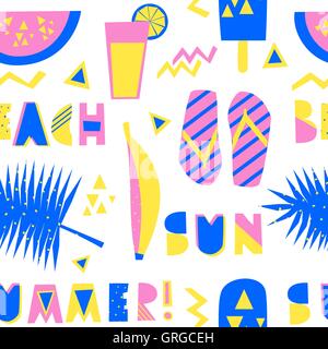 Seamless repeating pattern with decorative letters, watermelon, ice cream and other summer symbols in blue, pink and yellow isol Stock Vector
