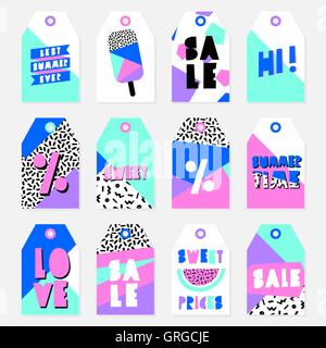 Retro design summer sale tags with bright colored geometric shapes, black and white pattern and cutout letters. Stock Vector