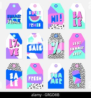 Retro design summer sale tags with bright colored geometric shapes, black and white pattern and cutout letters. Stock Vector
