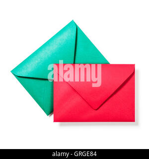 Green and red envelopes isolated on white background. Two objects with clipping path. Top view, flat lay Stock Photo