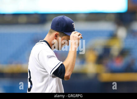 St. Petersburg, Florida, USA. 7th Sep, 2016. WILL VRAGOVIC | Times.Tampa Bay Rays starting pitcher Drew Smyly (33) after the top of the second inning of the game between the Baltimore Orioles and the Tampa Bay Rays in Tropicana Field in St. Petersburg, Fla. on Wednesday, Sept. 7, 2016. © Will Vragovic/Tampa Bay Times/ZUMA Wire/Alamy Live News Stock Photo