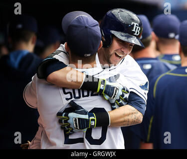 St. Petersburg, Florida, USA. 7th Sep, 2016. Tampa Bay Rays left fielderNICK FRANKLIN (2) celebrates his two run home run in the second inning of the game between the Baltimore Orioles and the Tampa Bay Rays in Tropicana Field. Credit:  Will Vragovic/Tampa Bay Times/ZUMA Wire/Alamy Live News Stock Photo