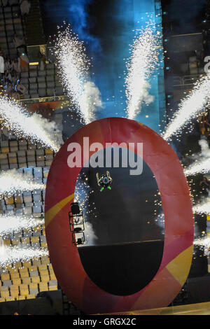 Rio De Janeiro. 8th Sep, 2016. Extreme wheelchair athlete Aaron Wheelz makes a spectacular entrance at the countdown to the opening ceremony of the 2016 Rio Paralympic Games at the Maracana Stadium in Rio de Janeiro, Brazil, Spet. 7, 2016. Credit:  Wang Song/Xinhua/Alamy Live News Stock Photo