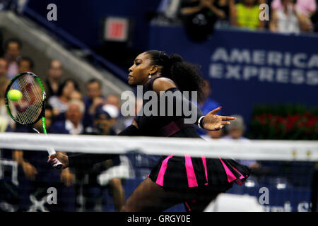Flushing Meadows, New York, USA. 7th September, 2016. Serena Williams during her quarter final match against Simona Halep of Romania at the United States Open Tennis Championships at Flushing Meadows, New York on Wednesday, September 7th.  Williams won the match in three sets. Credit:  Adam Stoltman/Alamy Live News Stock Photo