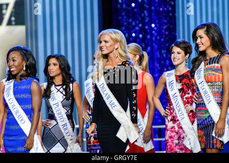 Atlantic City, New Jersey, USA. 7th Sep, 2016. Miss Delaware, AMANDA DEBUS, Miss Colorado, SHANNON PATILLA, Miss Puerto Rico, CAROLE RIGUAL, Miss Minnesota, MADELINE VAN ERT, and Miss Florida, COURTNEY SEXTON, on the runway during the second night of preliminary competition. Credit:  Ricky Fitchett/ZUMA Wire/Alamy Live News Stock Photo