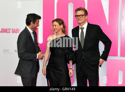 Berlin, Germany. 7th Sep, 2016. US-American actors Patrick Dempsey (l-r), Renee Zellweger and British actor Colin Firth arriving for the Germany premiere of the movie 'Bridget Jones' Baby' in Berlin, Germany, 7 September 2016. The comedy appears in German cinemas on 20 October 2016. PHOTO: JENS KALAENE/dpa/Alamy Live News Stock Photo