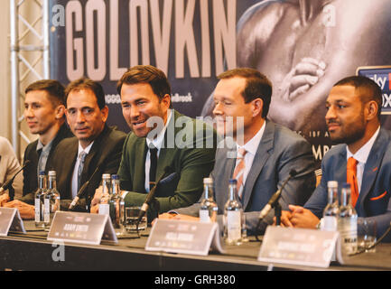 London, UK. 8th Sep, 2016. Kell Brook, Gennady Golovkin and Eddie Hearn during a Matchroom press conference at Canary Riverside Hotel, London, 8th September 2016 Credit:  Scott Heavey/Alamy Live News Stock Photo