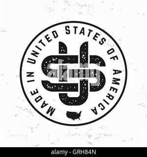 Made in USA monogram vector. Vintage America logo design on grunge background. Retro United States seal. US label illustration. Hipster t-shirt graphic. Stock Vector