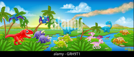 A cartoon Jurassic scene landscape with lots of cute friendly dinosaurs characters Stock Photo