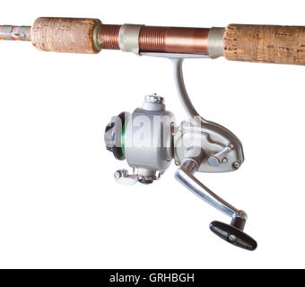 Spinning reel made out of metal on a rod isolated on white Stock Photo