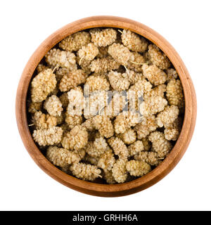 White mulberries in a wooden bowl on white background. Ocher dried edible fruits of Morus alba. Isolated macro food photo. Stock Photo