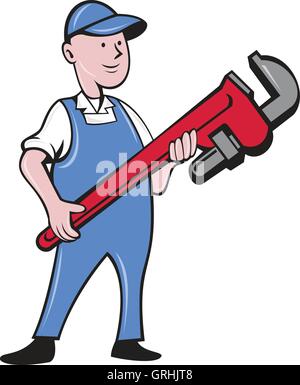 Mechanic Cradling Pipe Wrench Cartoon Stock Vector