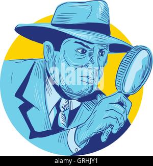 Detective Holding Magnifying Glass Circle Drawing Stock Vector