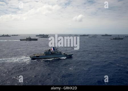 Chilean Navy frigate CNS Almirante Cochrane steams in close formation during Rim of the Pacific exercises July 28, 2016 in and around the Hawaiian Islands and Southern California. Stock Photo