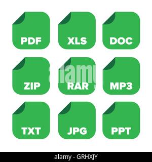 file extensions icons set: pdf, xls, doc, zip, rar, mp3, txt, jp Stock Vector