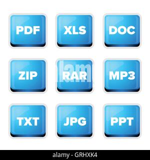 file extensions icons set: pdf, xls, doc, zip, rar, mp3, txt, jp Stock Vector