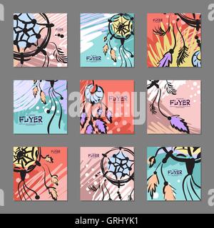 Set of bright abstract cards with dream catcher for your design. Hand-drawn. Vector Stock Vector