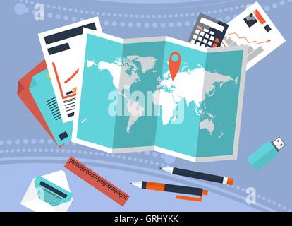 Desk with trip planning and calculation of costs. Graphs, accounting. Vector Stock Vector