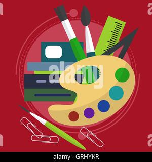 Chaotic spread the paint with brushes, books and paper clips as well a line. Back to school. Drawing lesson. Vector Stock Vector