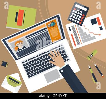 Top view of workplace with documents and laptop. Concepts for business analysis, consulting, teamwork, project management, finan Stock Vector