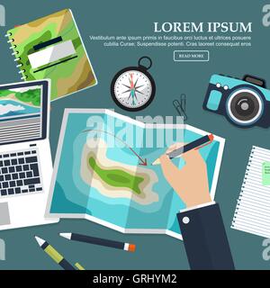 Travel planning. Vector illustration in a flat style. Traveller table. Vector Stock Vector