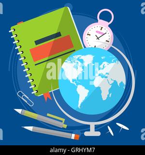Globe with world map, close the textbook pen and stopwatch. Geography lesson. Back to school. Vector Stock Vector