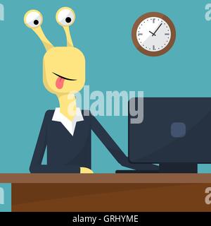 Flat design vector illustration of office interior. Monster at work. Vector Stock Vector