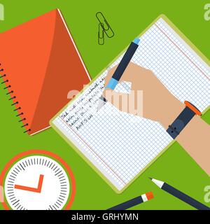 Desktop on which the book and the student writes an essay. Homework. Violin  pencils. Vector Stock Vector