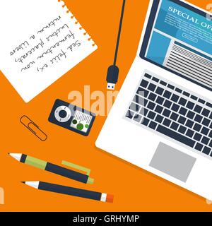 Workplace with person working on laptop watching video player, concept of webinar, business online training, education  computer Stock Vector