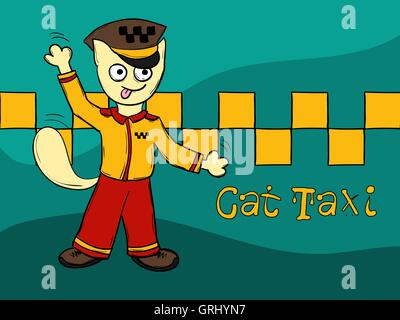 Funny cartoon cat hand-drawn on a green background. Taxi driver. Vector Stock Vector