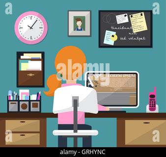 Flat design vector illustration of room with workspace. Girl at work. Vector Stock Vector