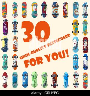Big set of 30 high quality skateboards and skateboarding elements street style. Painted in bright figures in a cartoon. Vector Stock Vector