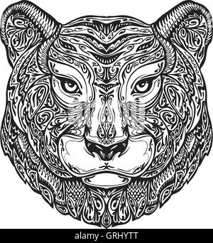 Ethnic Ornamented Tiger Puma Panther Leopard Or Jaguar Hand Drawn Vector Illustration