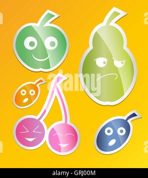 Berry icon set. Labels with berries. apple, pear, plum, apricot, cherry Flat style. Vector Stock Vector