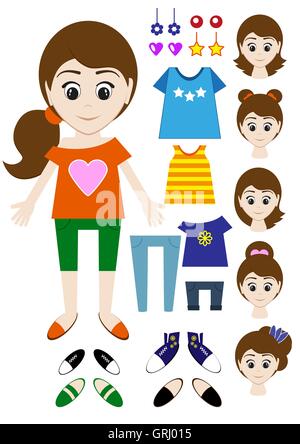 Big set of clothes for the girl Constructor. Hairstyle, dress, shoes, pants, T-shirt. Vector Stock Vector