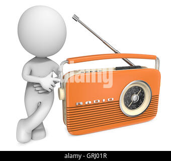 Dude 3D character pointing at and leaning against Orange retro Radio. Stock Photo